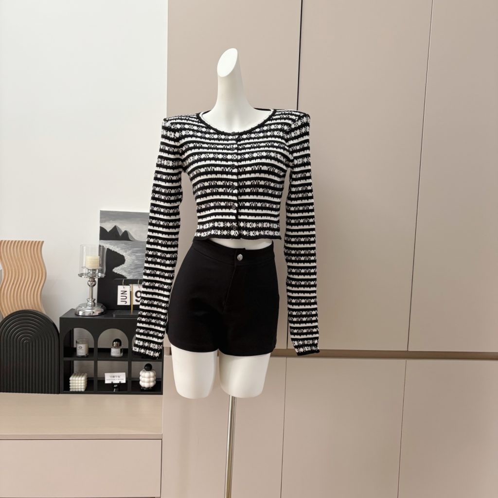 Black and White Striped Long Sleeve Knit Cardigan Women's Elegant Short Round Neck Top