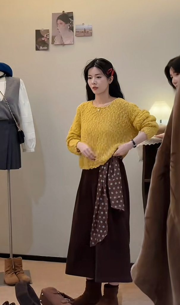 Yellow Retro Long Sleeve Pullover Knit Sweater and Wide Leg Pants Set