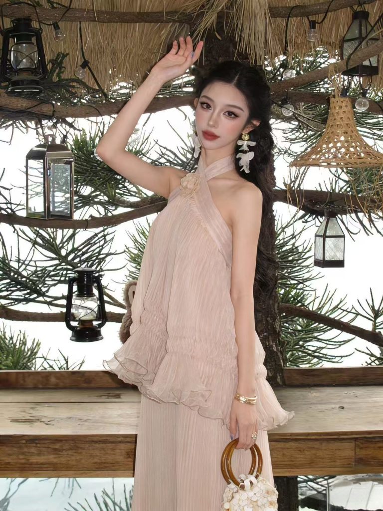 French Style Backless Halter Dress with Sheer Shawl for Summer Beach Vacation