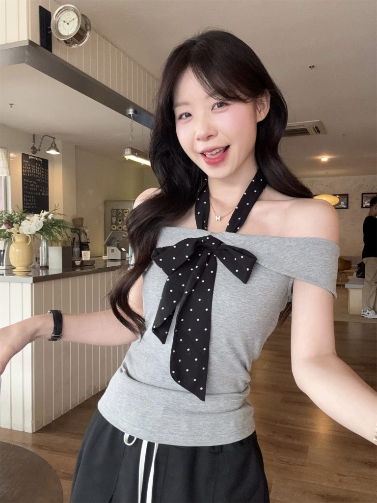 Gray Polka Dot Off-Shoulder Ribbon Short Sleeve Top for Women