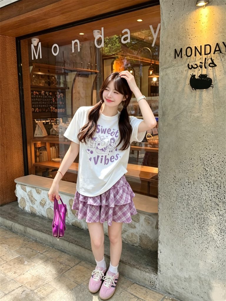 Letter Print Short Sleeve Top and Plaid A-Line Skirt Set for Women