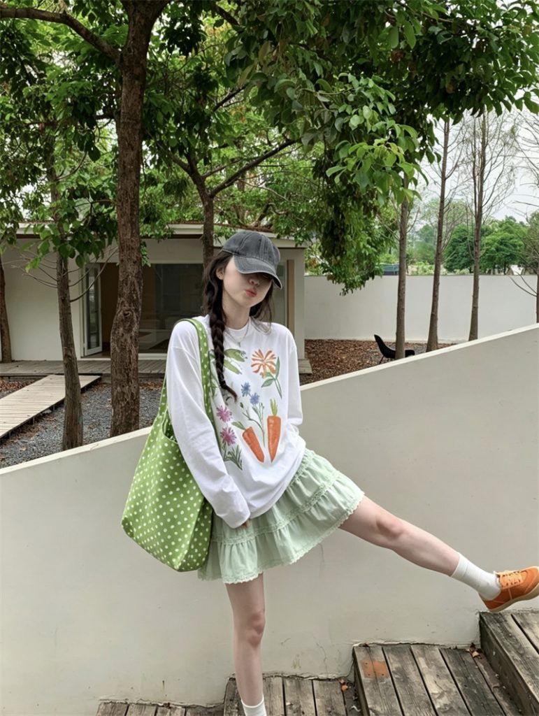 Women's Sweet Food Print Sun Protection Long Sleeve Top and A-Line Cake Skirt Two-Piece Set