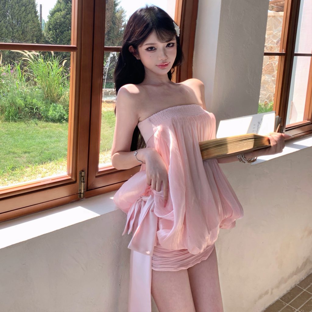 Shimmer Pink Puff Tube Top and Bow Skirt Set for Summer