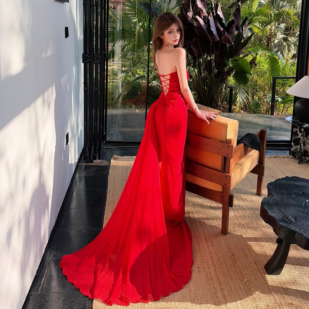 French Romantic Strapless Backless Cross Tie Adjustable Red Floor-Length Light Wedding Morning Robe Vacation Dress