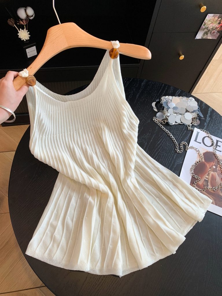 Women's Summer 2026 Korean Style Vacation Pleated Knit Cami Top Sleeveless