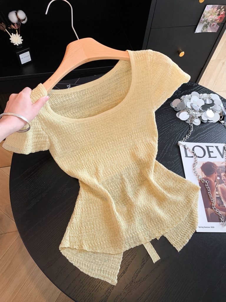 2026 Summer Korean Square Neck Short Sleeve Textured Knit Top with Back Lace-Up Cutout for Women