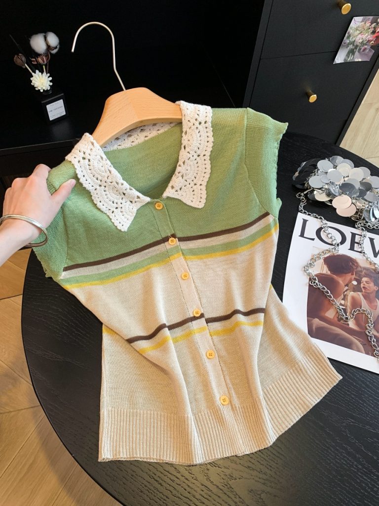 Retro Openwork Crochet Color Block Striped Collar Knit Cardigan 2026 Summer Slimming Top