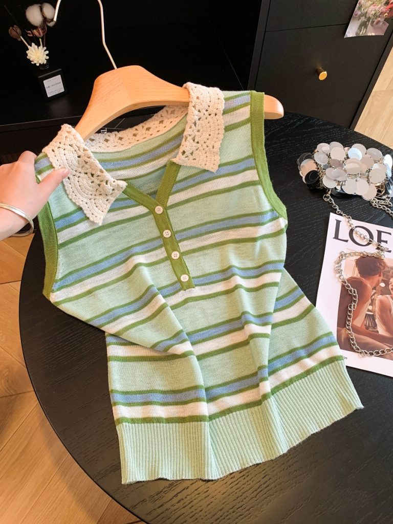 French Vintage Hollow Lace Doll Collar Striped Knit Vest Women Sleeveless Thin Layering Versatile Tank Top