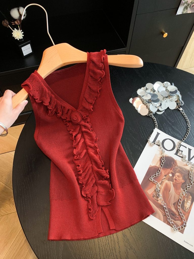 Ruffled Red Floral Knit Vest 2026 Summer Sleeveless V-Neck Slim Top for Women