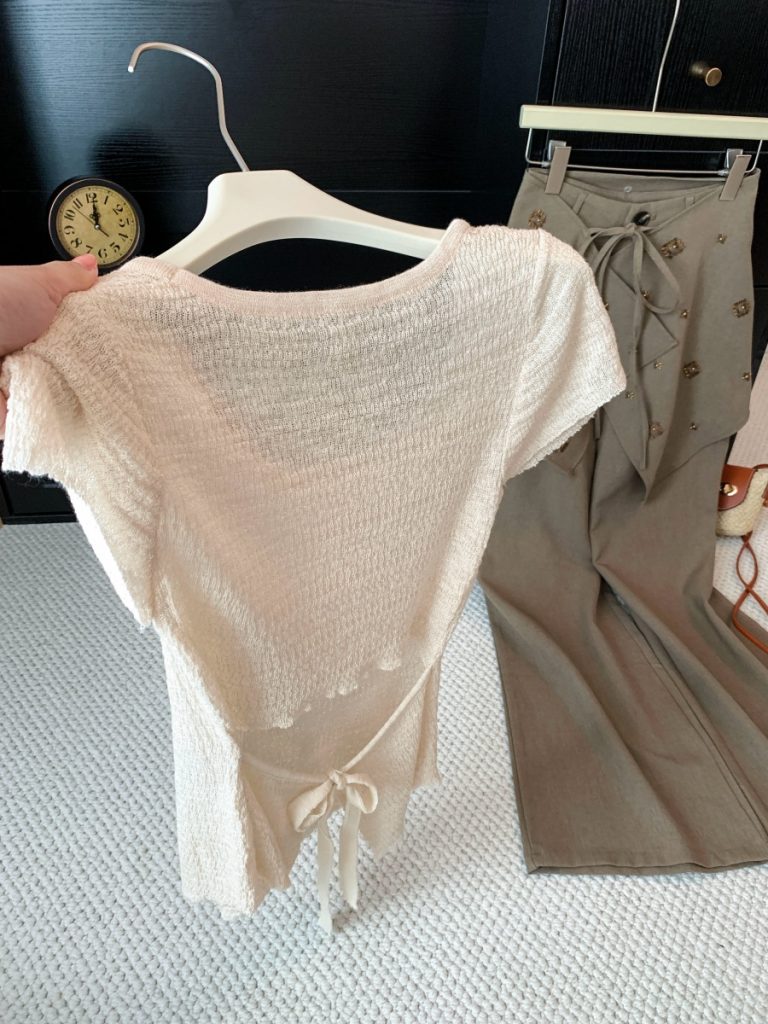 Korean Style Square Neck Back Tie Knit Short Sleeve Top for Women Summer Sweet Age Reducing Textured Top