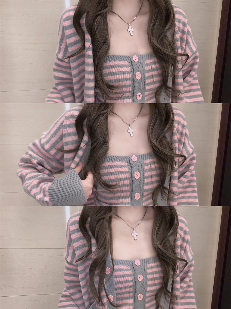 Pink Gray Striped Knit Cami Cardigan Two Piece Set Women 2026 Fall Korean Chic